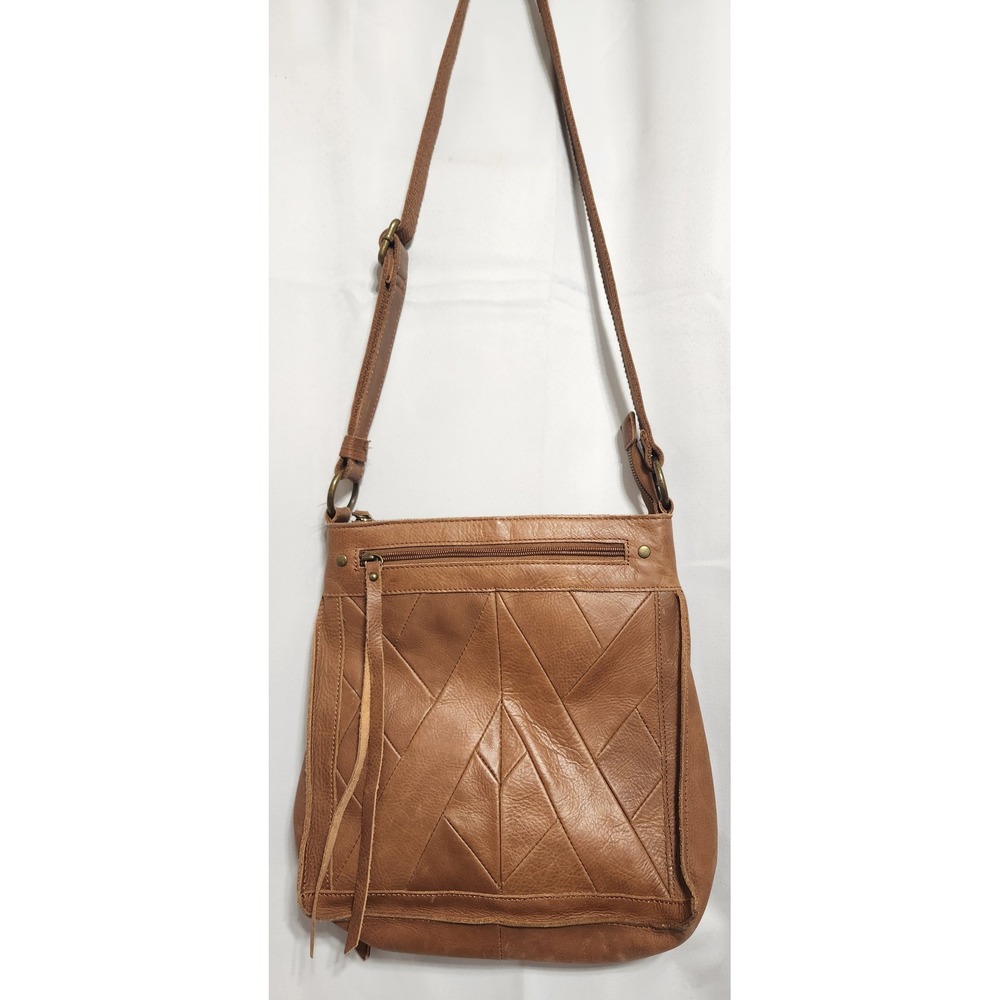 Lucky Brand Brown Leather Geometric Patchwork Crossbody Bag Boho Tassel Purse